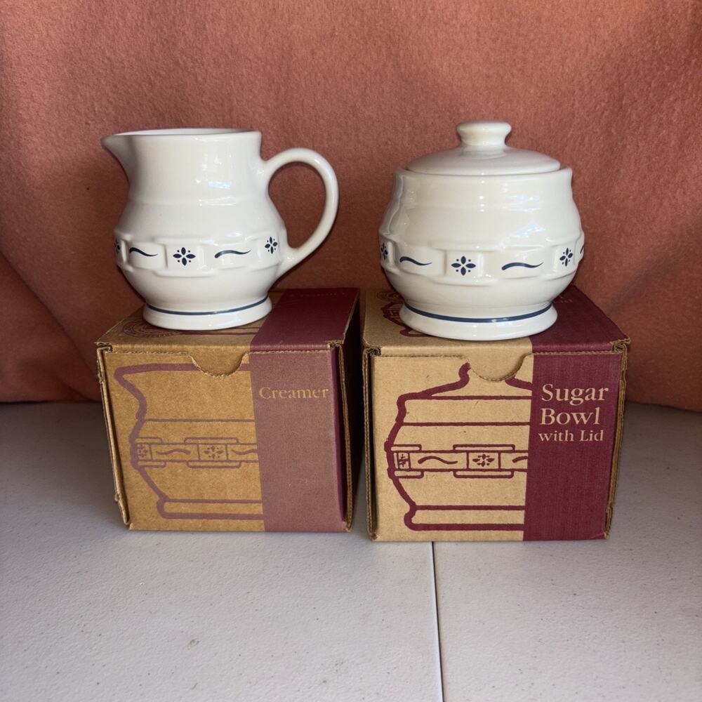 Longaberger Pottery Woven Tradition Green Sugar/Creamer Set